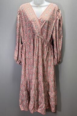 Max Studio Dusty Pink Floral Midi Dress XL With Faux Wrap Bodice Cottagecore